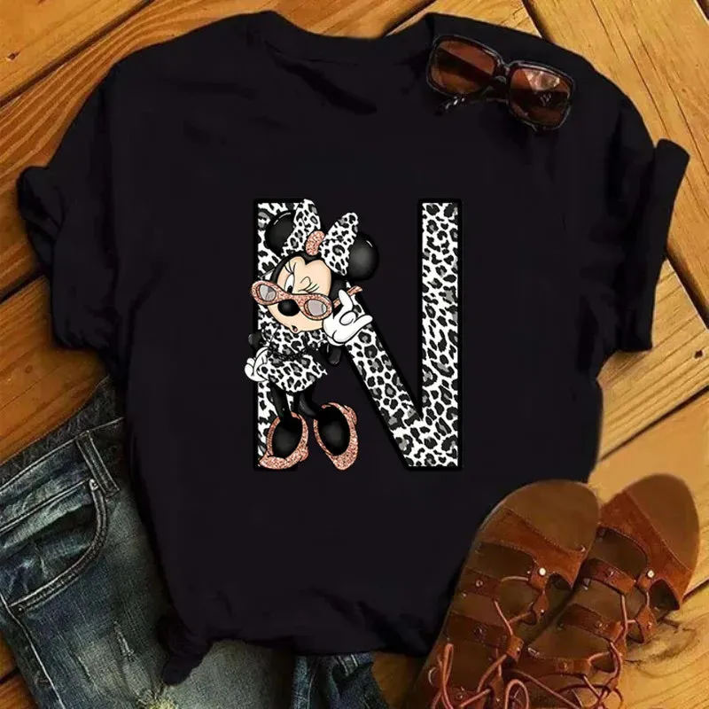 LVSANW Disney Leopard Minnie Mouse A-Z 26 English Letters Women T-shirt Short Sleeve Balck Tops Tee Clothing for Woman