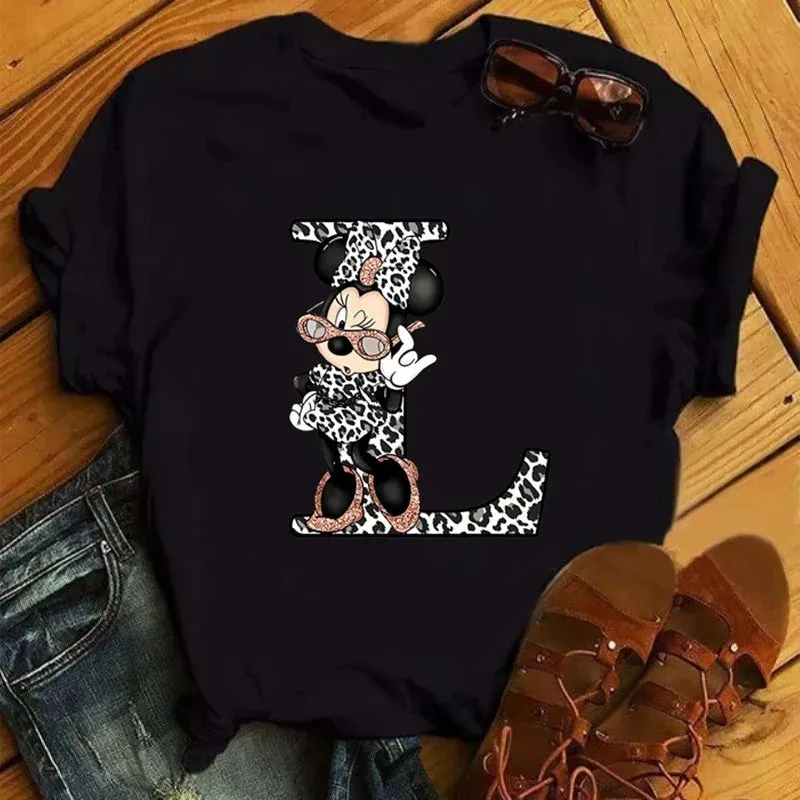 LVSANW Disney Leopard Minnie Mouse A-Z 26 English Letters Women T-shirt Short Sleeve Balck Tops Tee Clothing for Woman