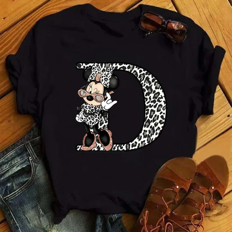 LVSANW Disney Leopard Minnie Mouse A-Z 26 English Letters Women T-shirt Short Sleeve Balck Tops Tee Clothing for Woman