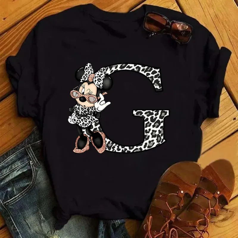 LVSANW Disney Leopard Minnie Mouse A-Z 26 English Letters Women T-shirt Short Sleeve Balck Tops Tee Clothing for Woman