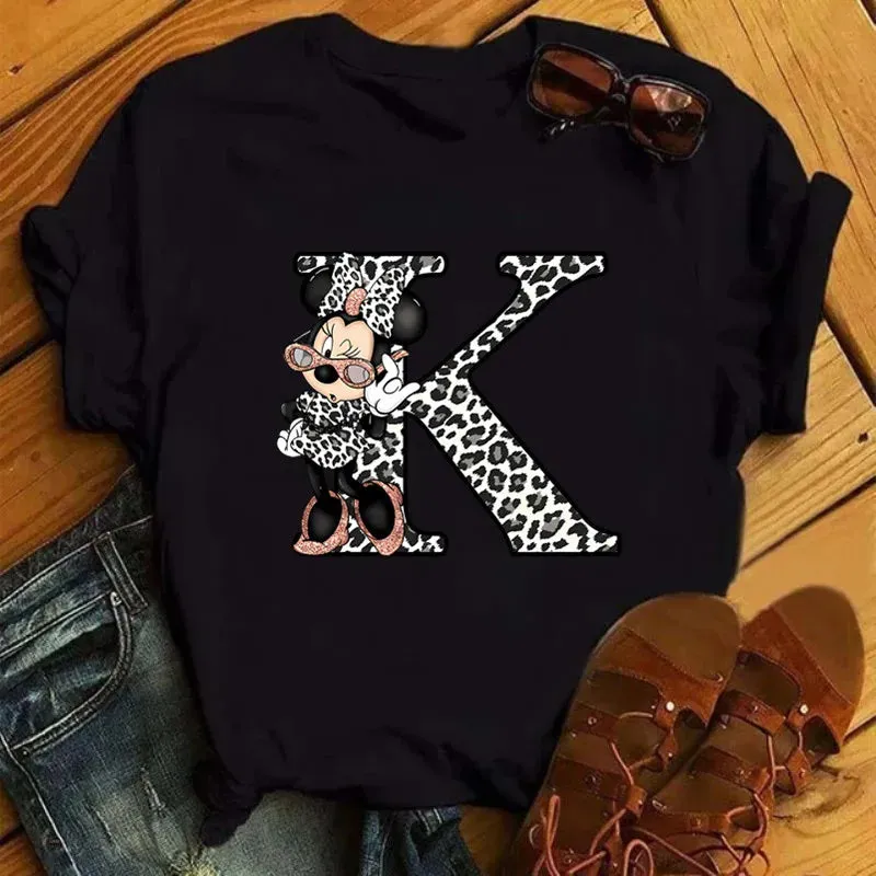 LVSANW Disney Leopard Minnie Mouse A-Z 26 English Letters Women T-shirt Short Sleeve Balck Tops Tee Clothing for Woman