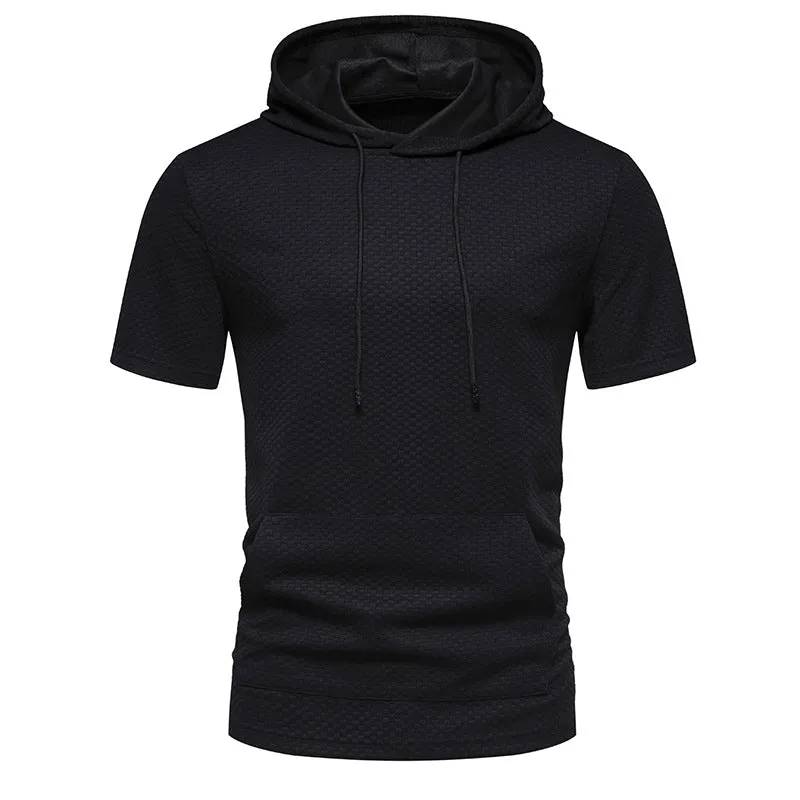 Men Lattice Pockets Short Sleeves Drawstring Hoody T-Shirt