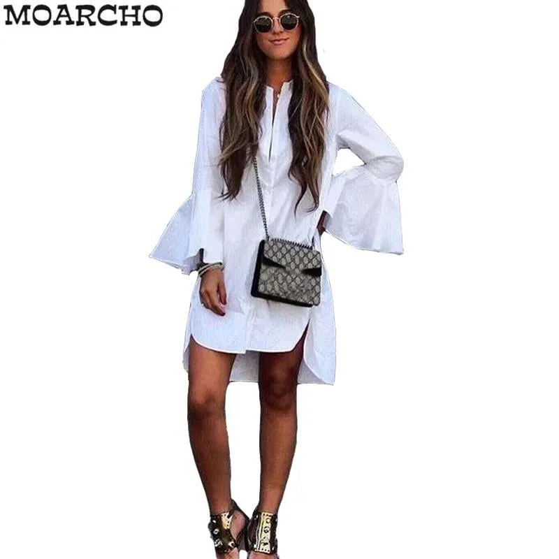 MOARCHO 2017 Women White Flare Sleeve Shirt Dress Summer Fashion O Neck Straight Elegant Woman Bloues Casual Clothing Tops