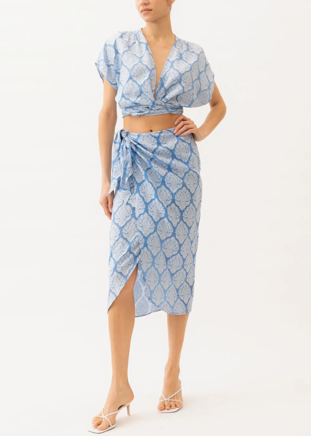 Nina Blue Jacquard Wrap Top