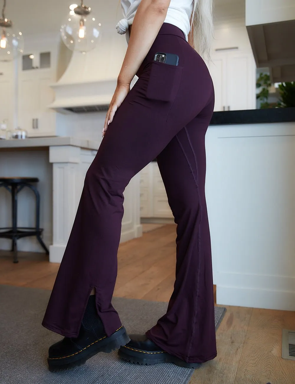 SA Burgundy Cross Waistband Pocket Flare Leggings