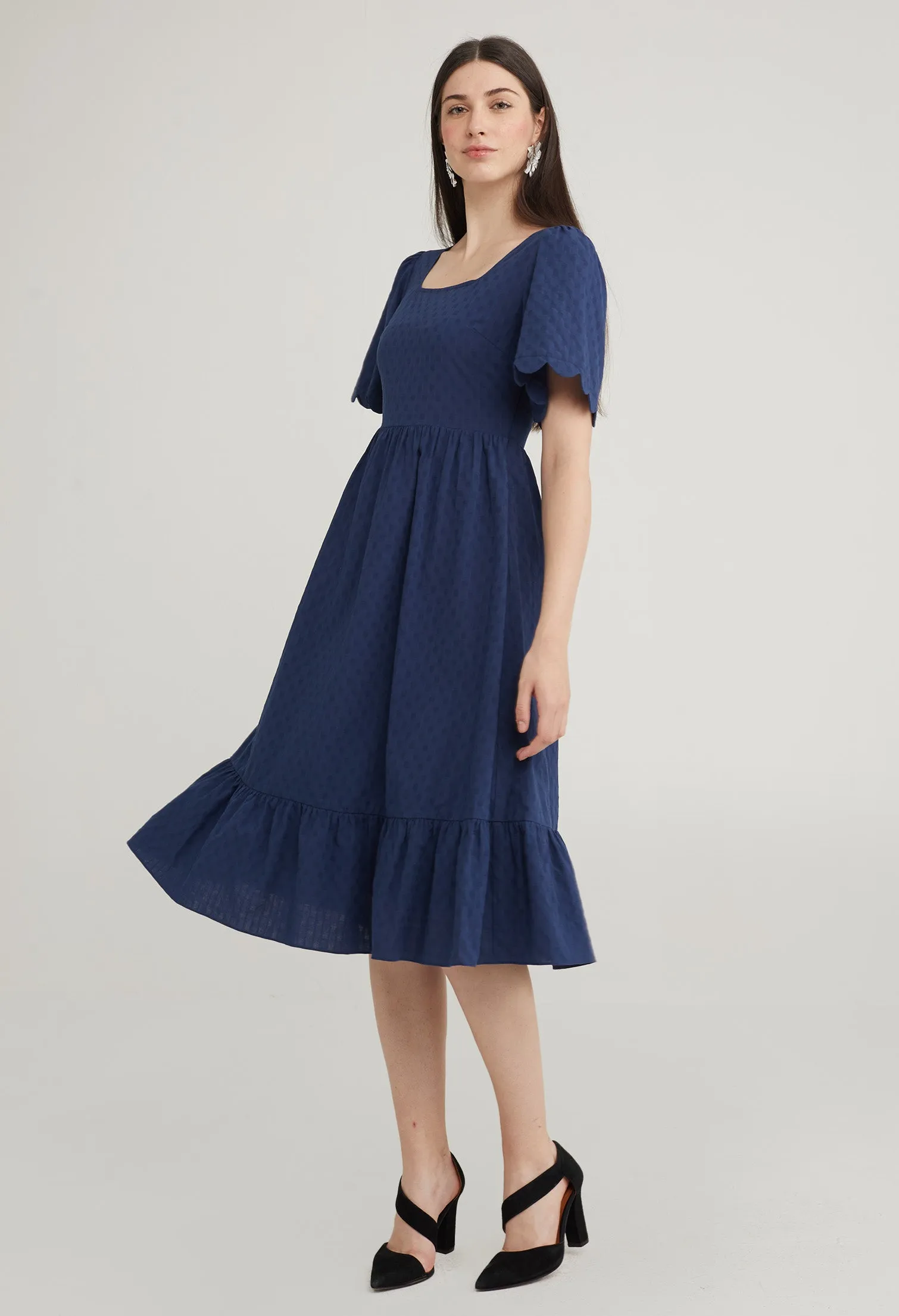 Scallop Sleeve Tiered Midi Dress