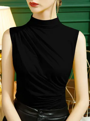 Skinny Sleeveless Pleated Solid Color Half Turtleneck Vest Top