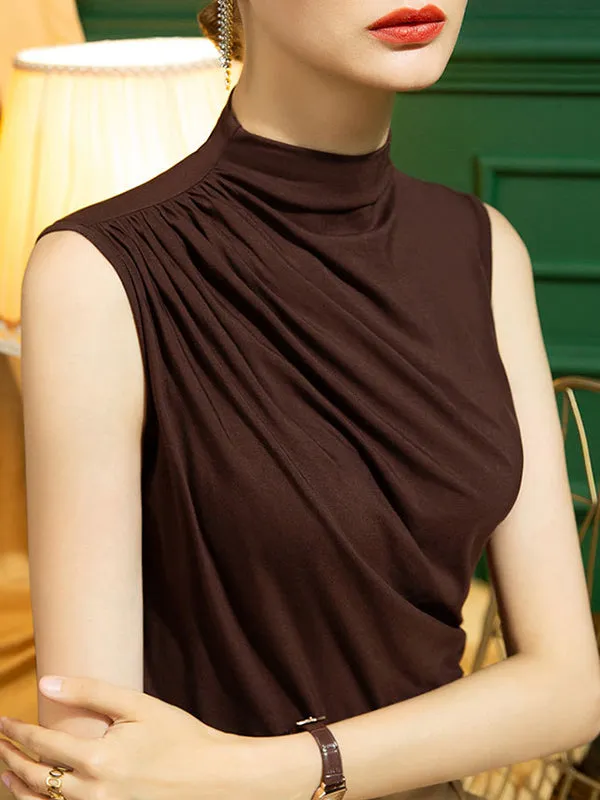 Skinny Sleeveless Pleated Solid Color Half Turtleneck Vest Top