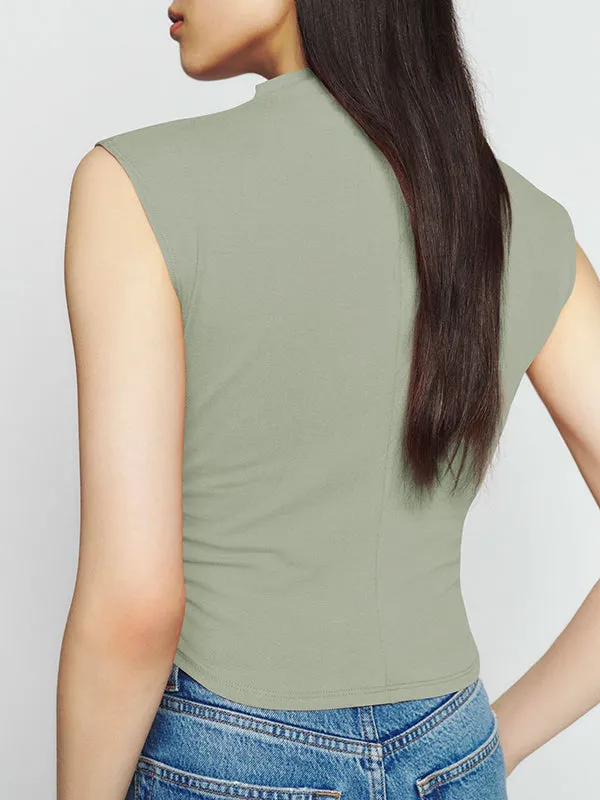 Skinny Sleeveless Pleated Solid Color Stand Collar Vest Top