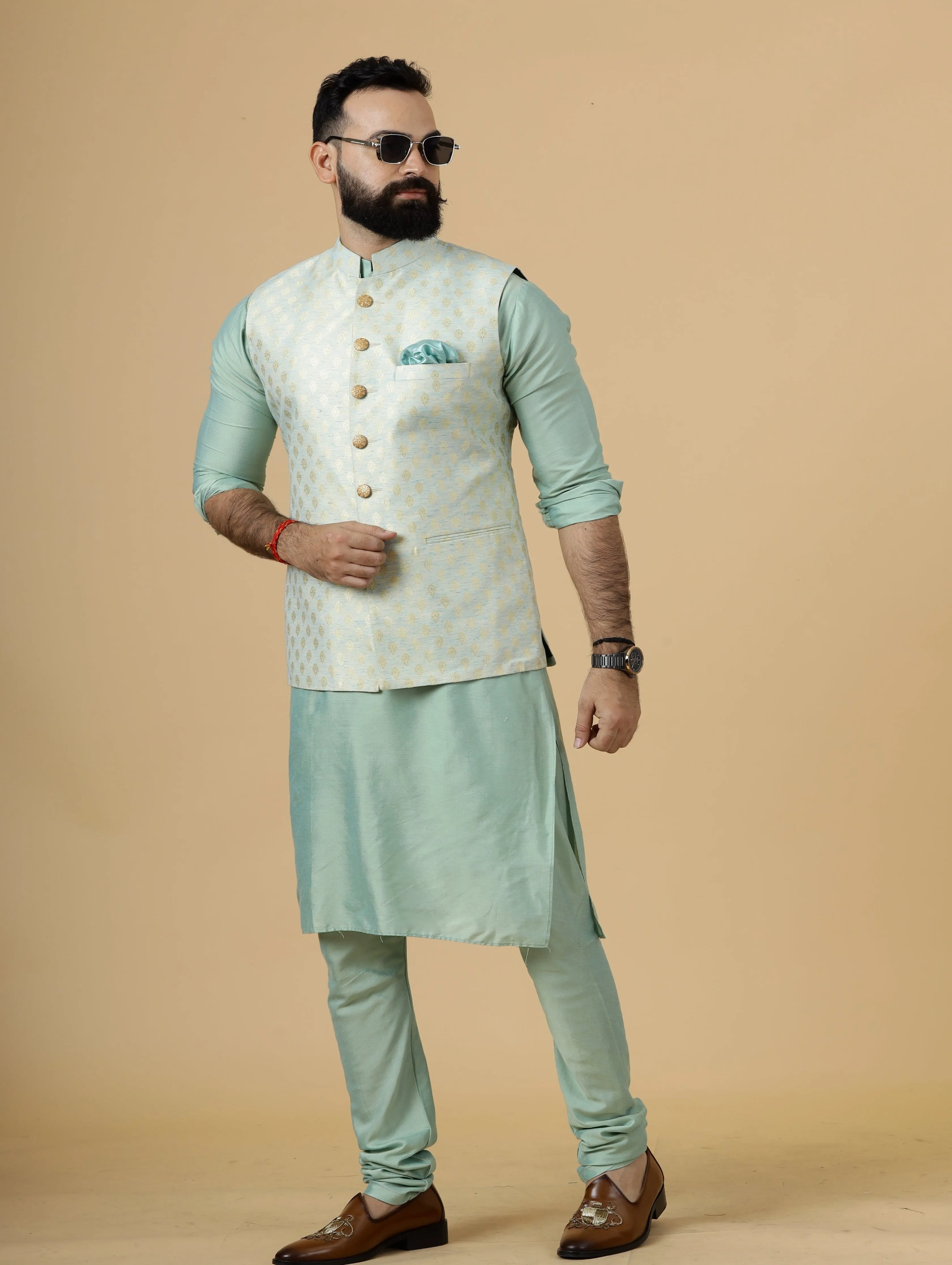 Stunning Golden-Blue Banarasi Silk Half Jodhpuri Jacket with Sea Green Kurta-Pajama for Men