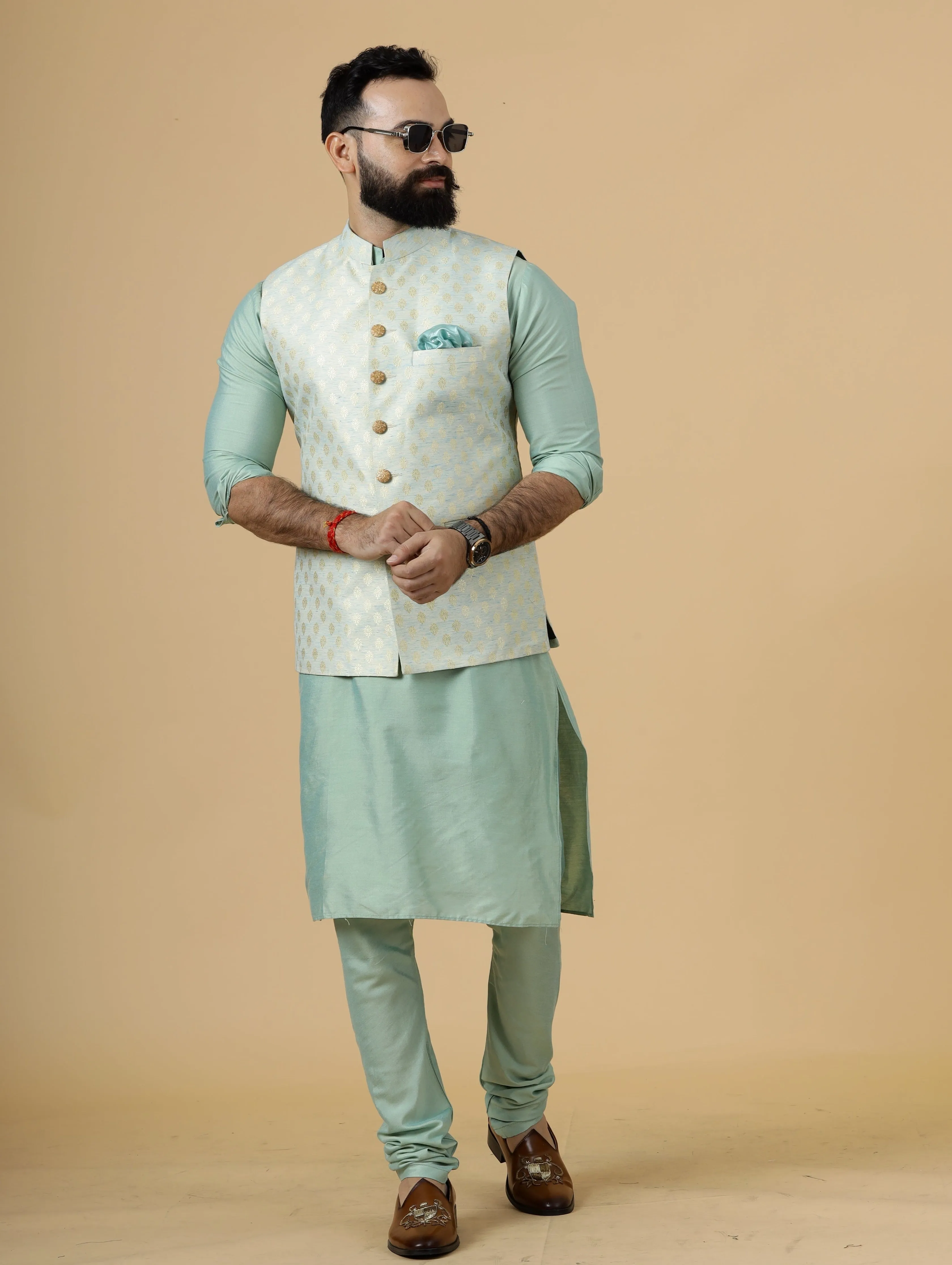 Stunning Golden-Blue Banarasi Silk Half Jodhpuri Jacket with Sea Green Kurta-Pajama for Men