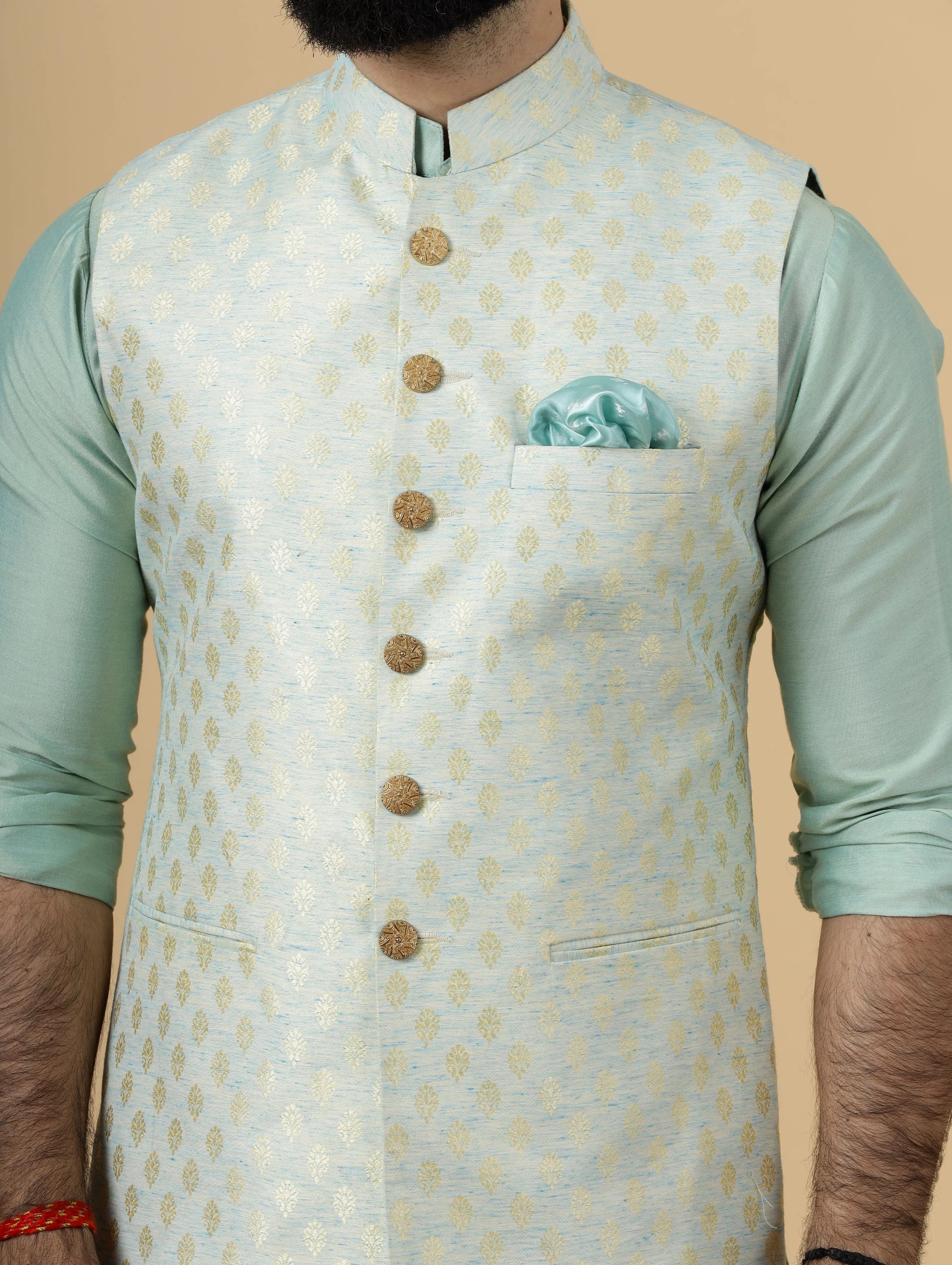 Stunning Golden-Blue Banarasi Silk Half Jodhpuri Jacket with Sea Green Kurta-Pajama for Men