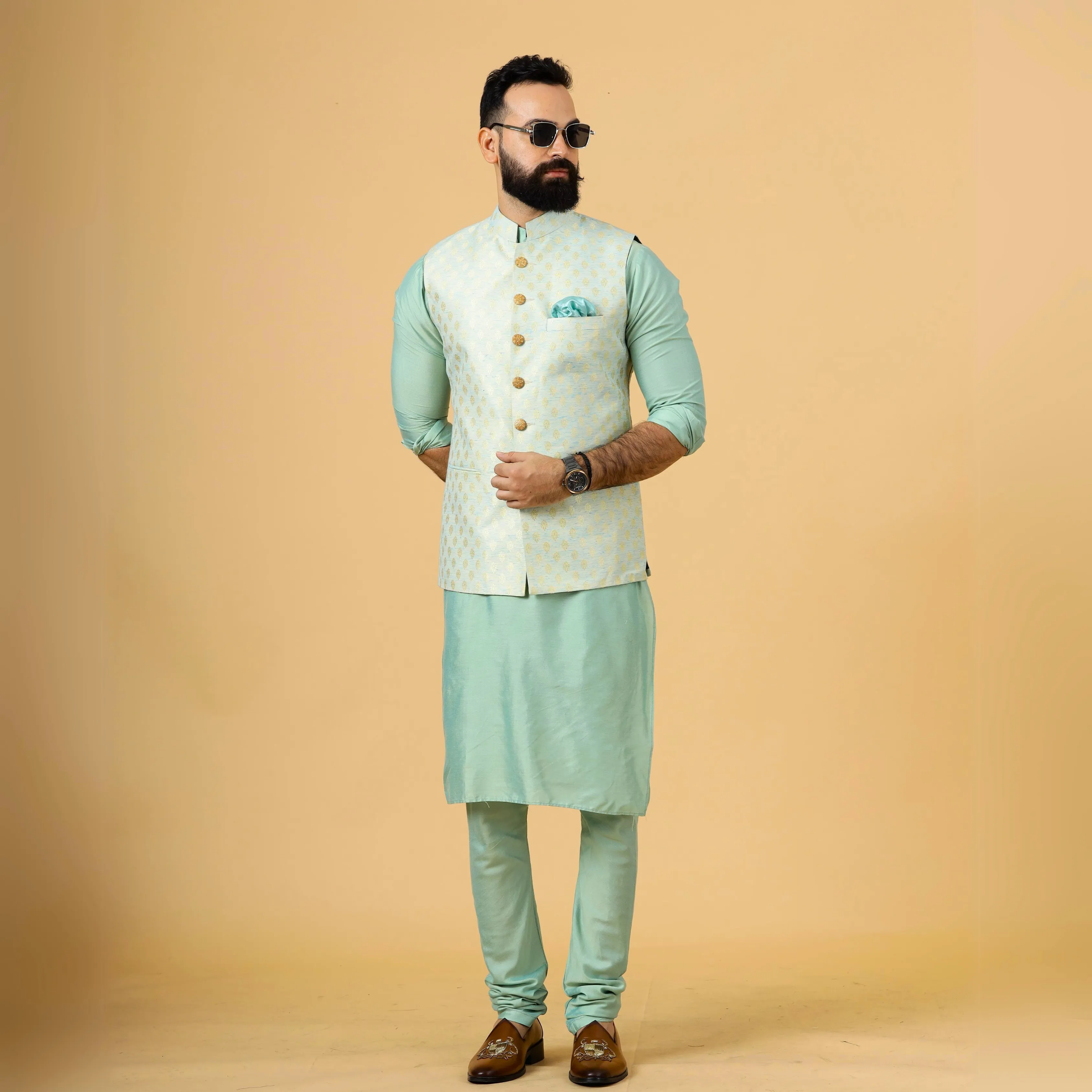 Stunning Golden-Blue Banarasi Silk Half Jodhpuri Jacket with Sea Green Kurta-Pajama for Men