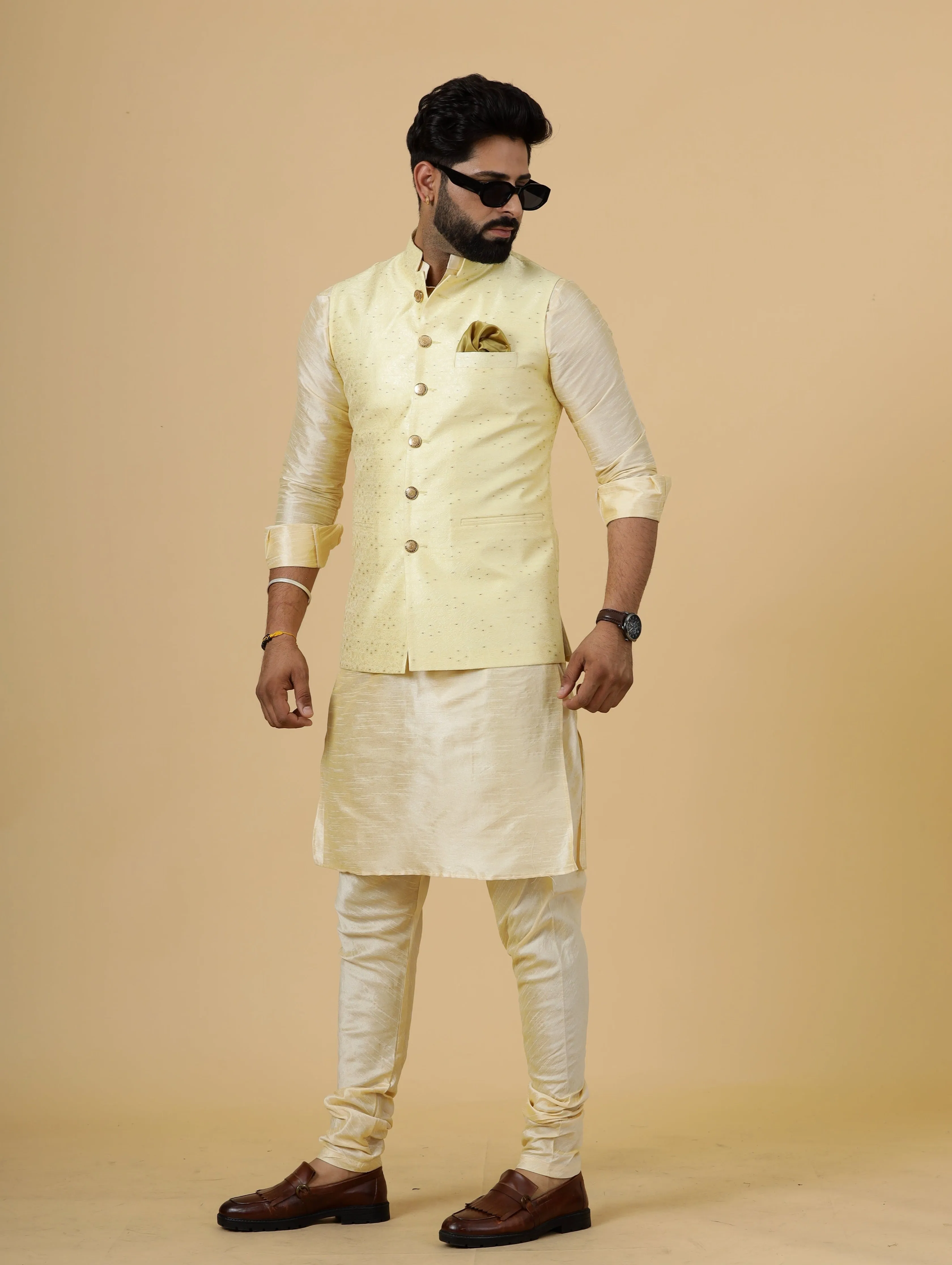 Stunning Light Yellow Banarasi Silk Half Jodhpuri Jacket with Cream Kurta-Pajama for Men