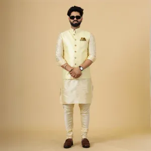 Stunning Light Yellow Banarasi Silk Half Jodhpuri Jacket with Cream Kurta-Pajama for Men