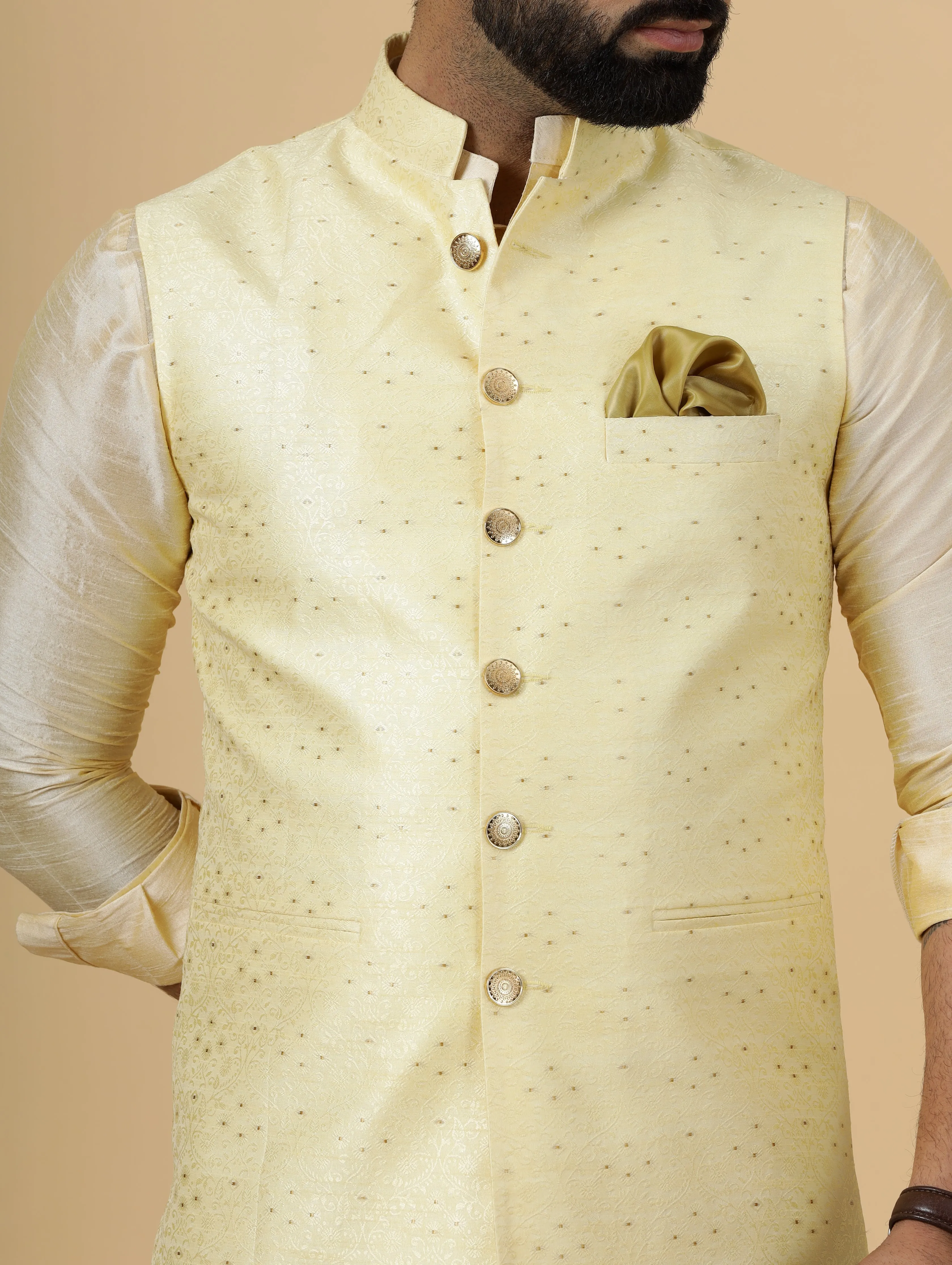 Stunning Light Yellow Banarasi Silk Half Jodhpuri Jacket with Cream Kurta-Pajama for Men