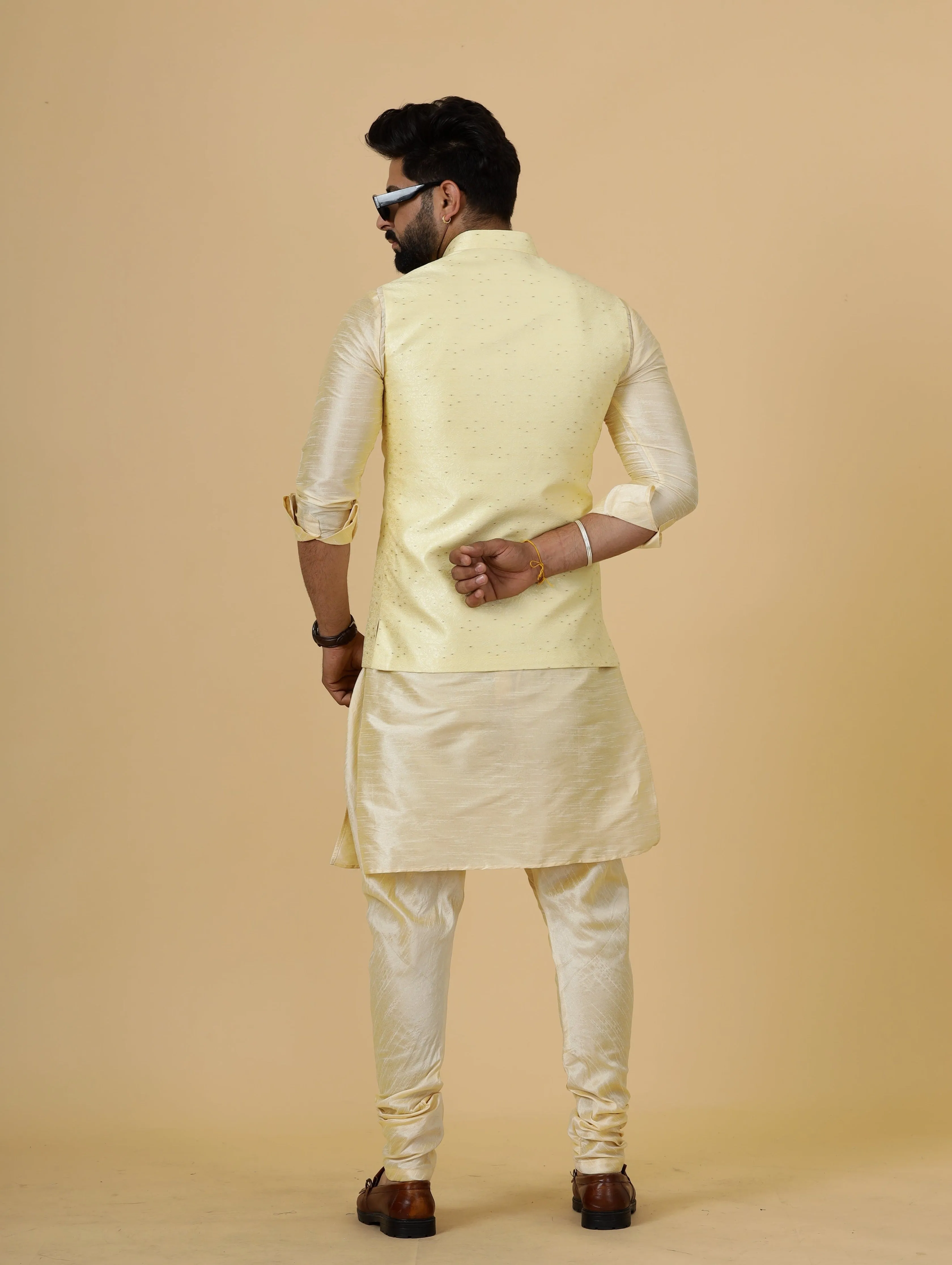 Stunning Light Yellow Banarasi Silk Half Jodhpuri Jacket with Cream Kurta-Pajama for Men