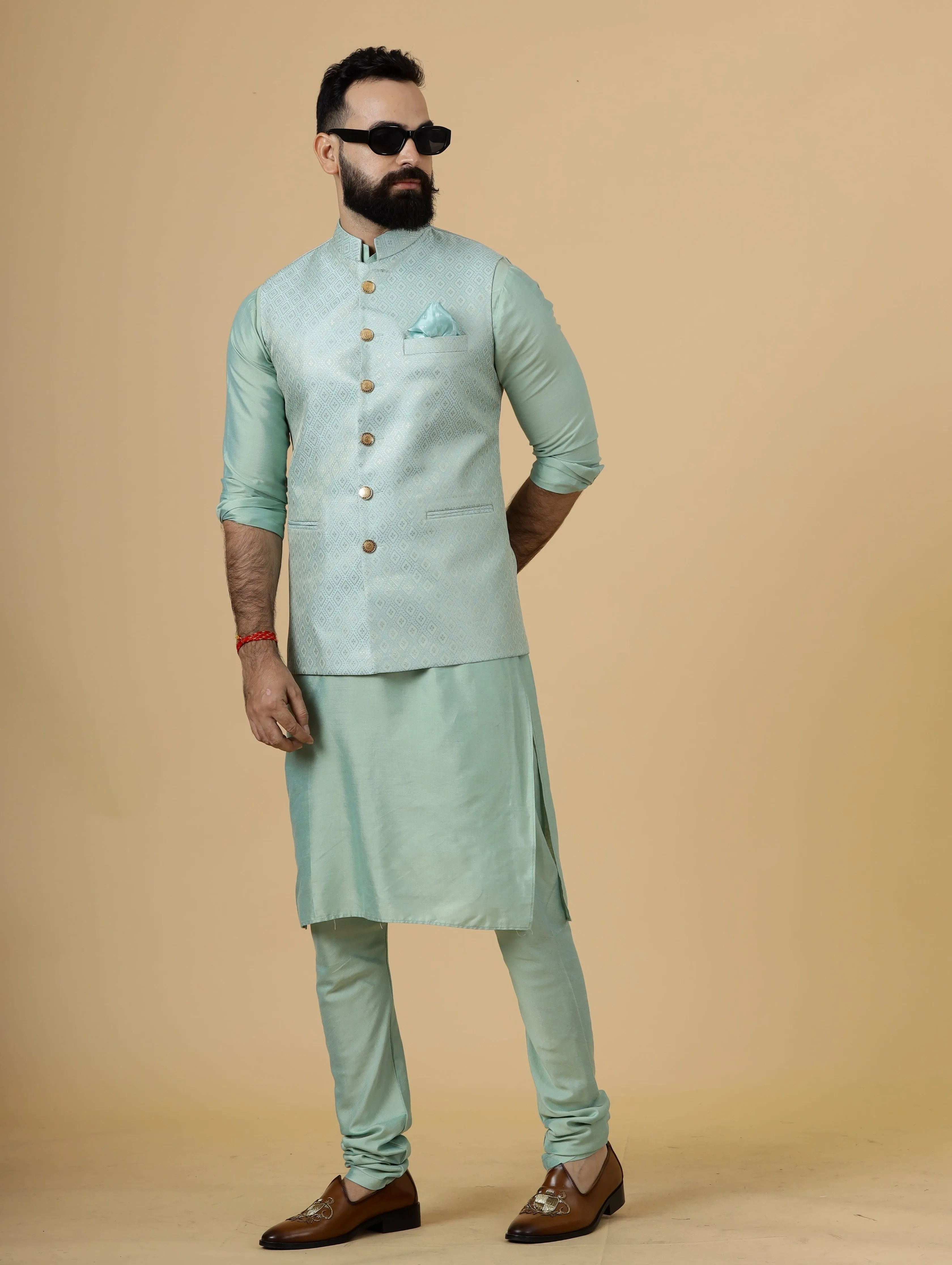 Stunning Sea Foam Geometric Pattern Brocade Silk Half Jodhpuri Jacket with Sea Green  Kurta-Pajama for Men