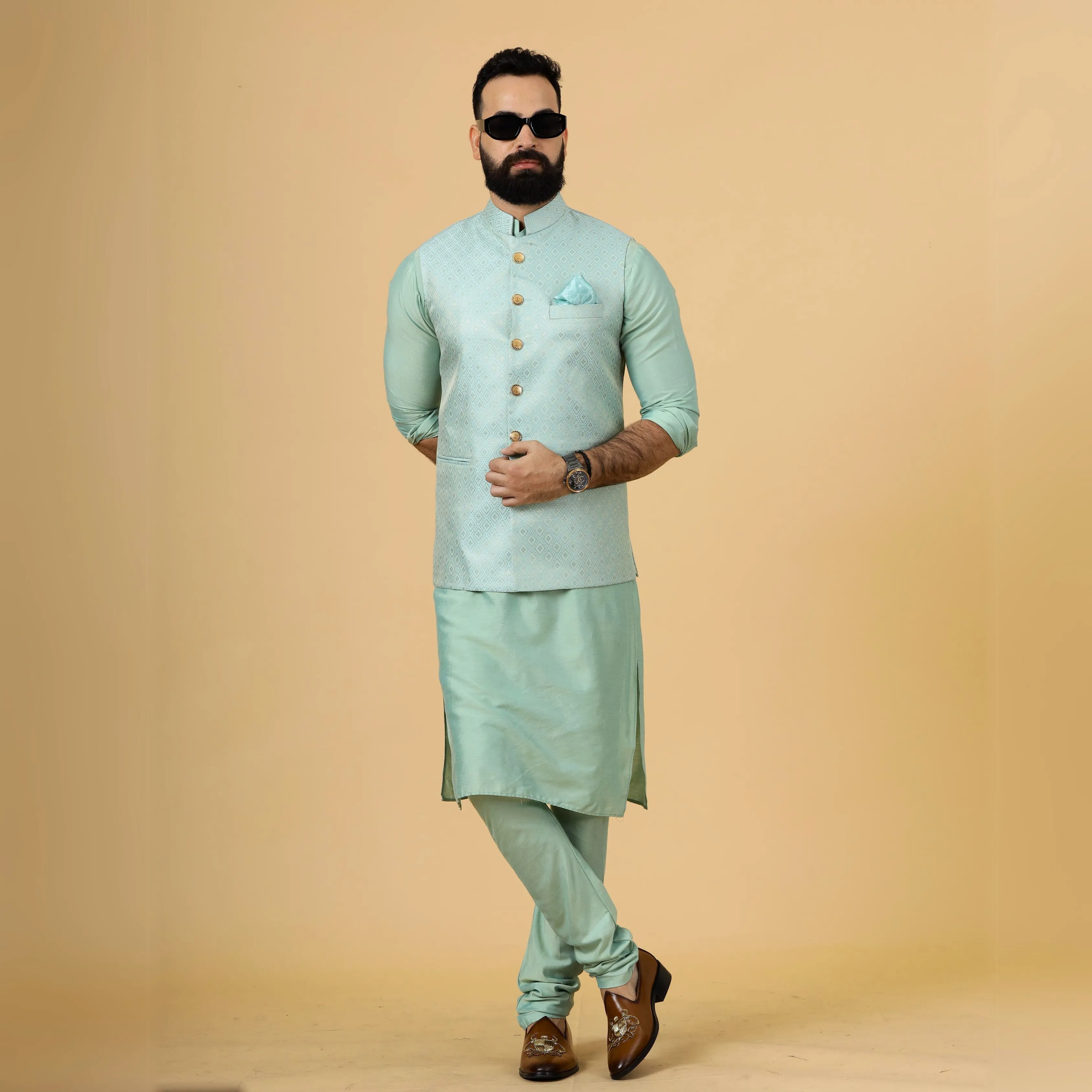 Stunning Sea Foam Geometric Pattern Brocade Silk Half Jodhpuri Jacket with Sea Green  Kurta-Pajama for Men