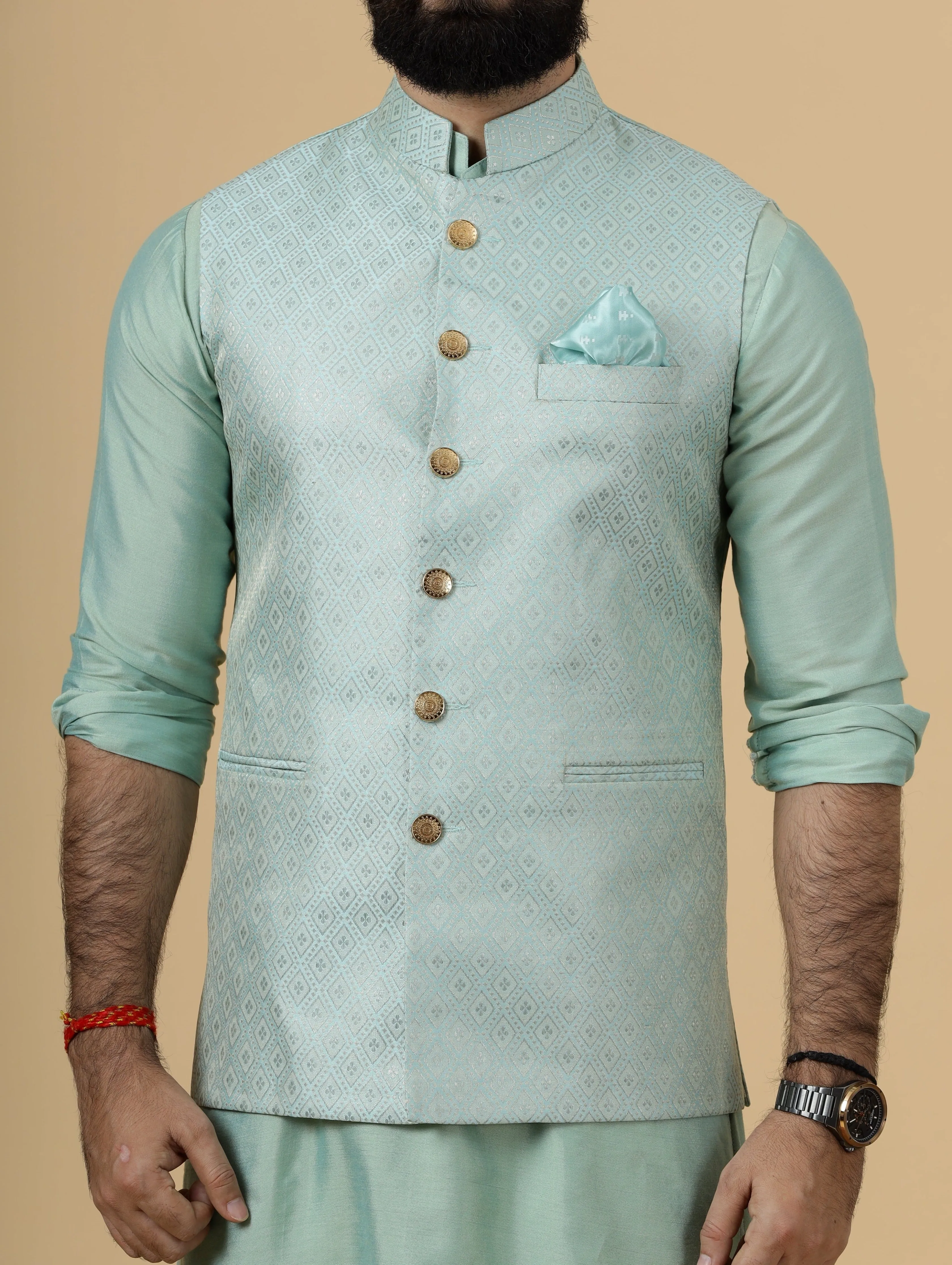 Stunning Sea Foam Geometric Pattern Brocade Silk Half Jodhpuri Jacket with Sea Green  Kurta-Pajama for Men