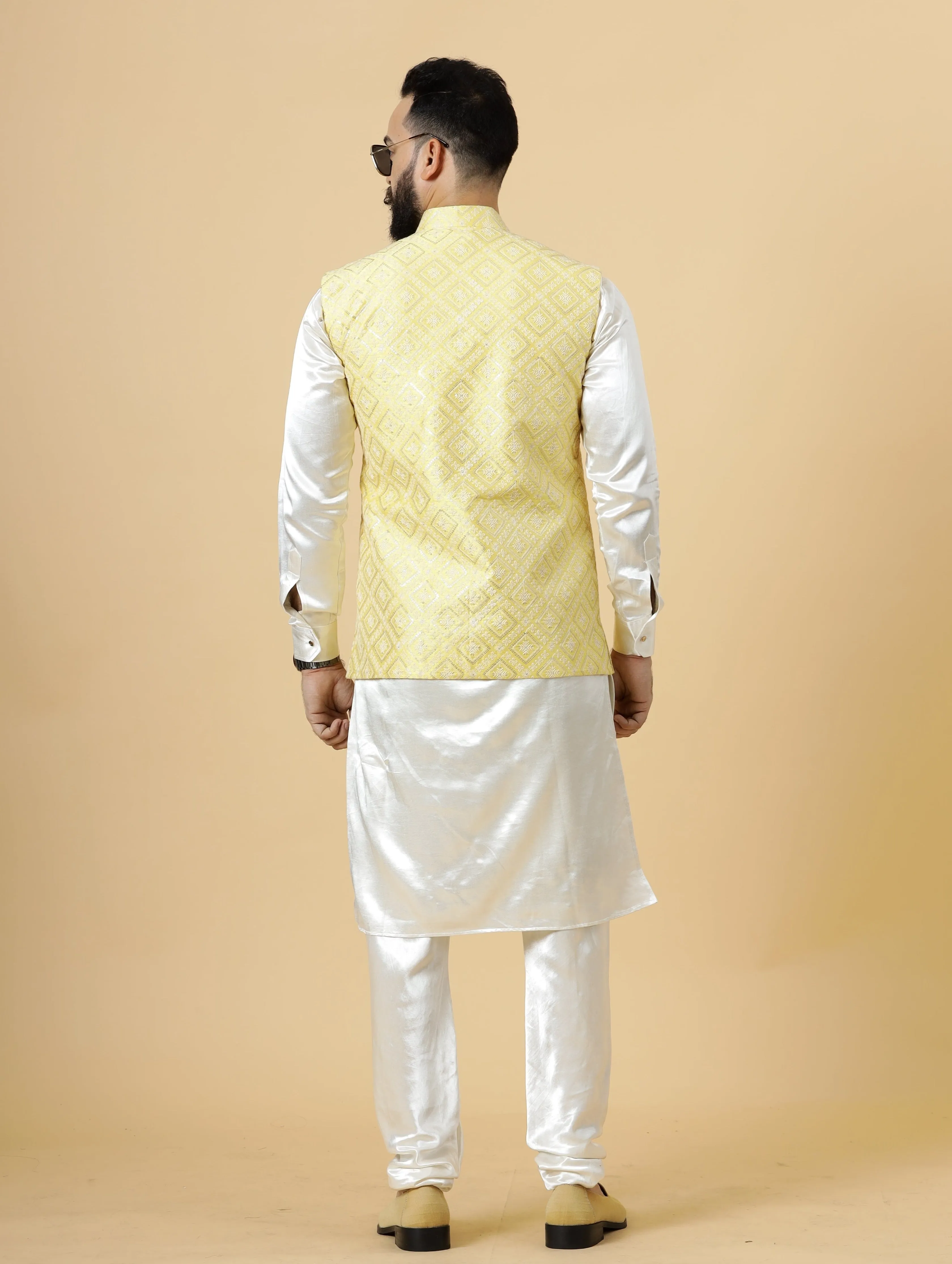 Stunning Yellow Square Pattern Thread Embroidered Silk Half Jodhpuri Jacket with Off- White Kurta-Pajama for Men