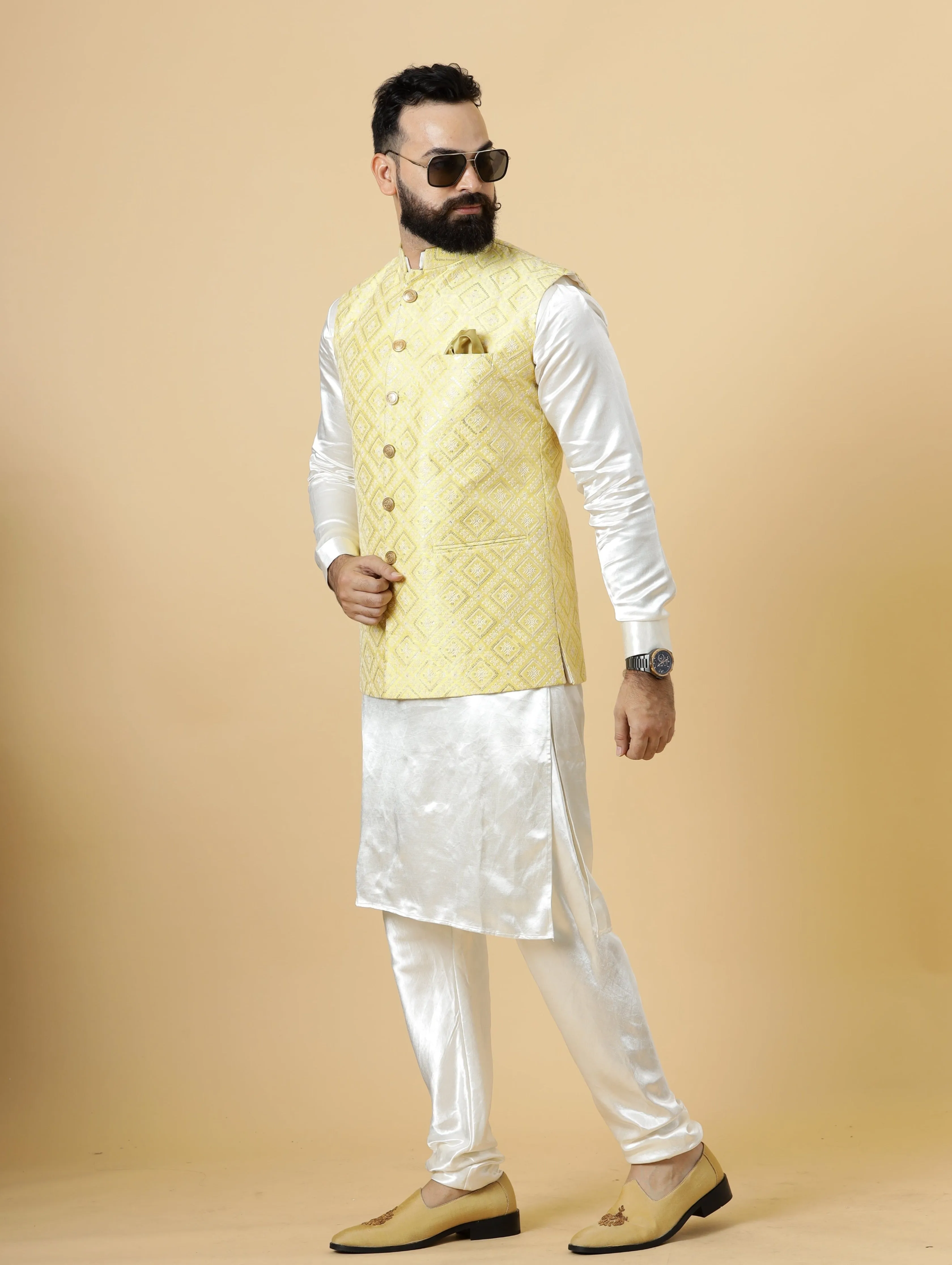 Stunning Yellow Square Pattern Thread Embroidered Silk Half Jodhpuri Jacket with Off- White Kurta-Pajama for Men