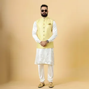 Stunning Yellow Square Pattern Thread Embroidered Silk Half Jodhpuri Jacket with Off- White Kurta-Pajama for Men