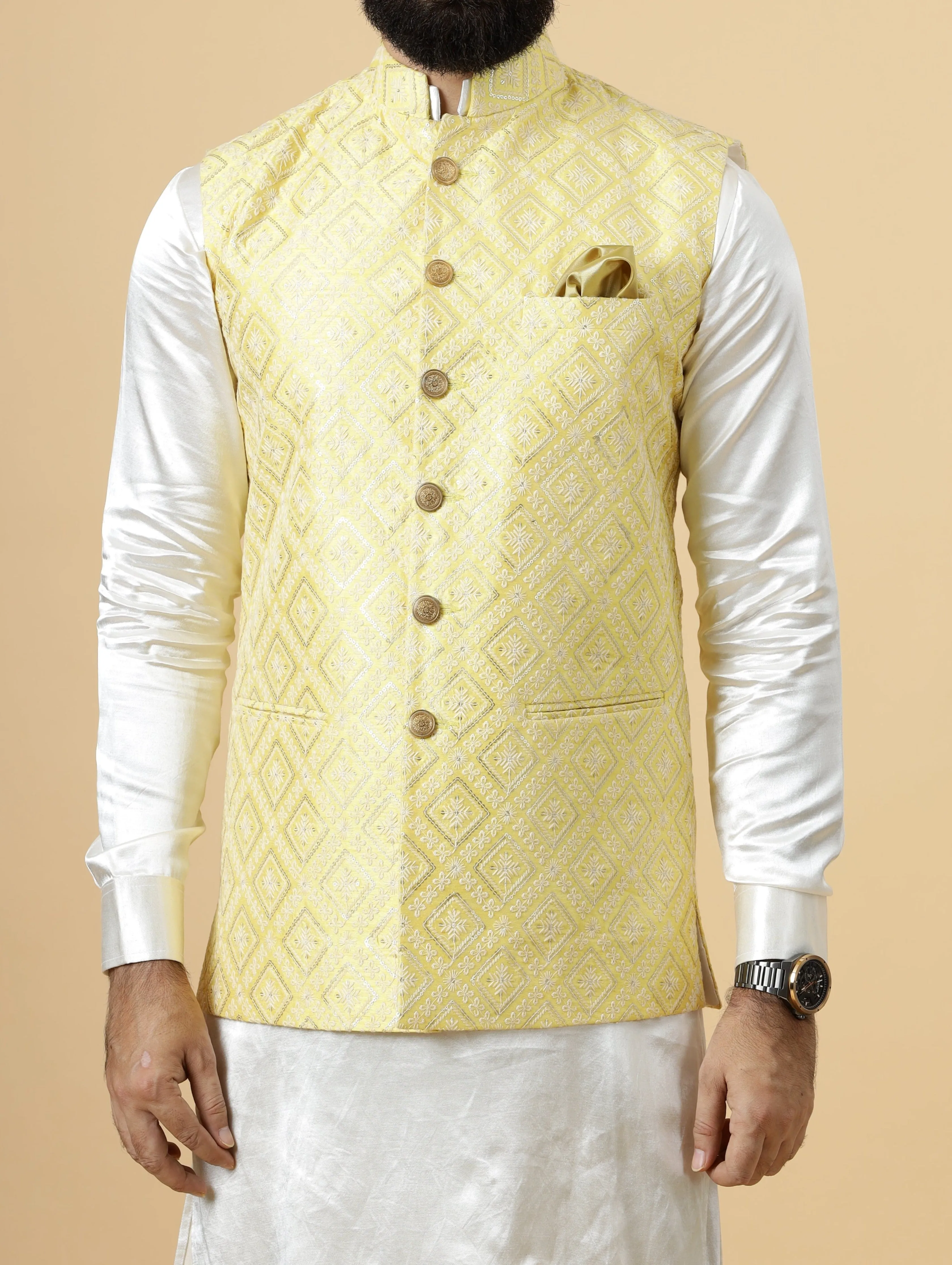 Stunning Yellow Square Pattern Thread Embroidered Silk Half Jodhpuri Jacket with Off- White Kurta-Pajama for Men