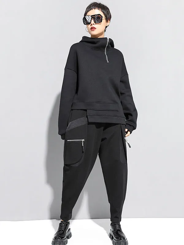 Stylish Black Asymmetric Zipper Hoodies