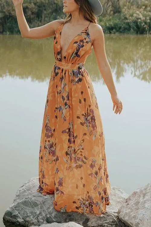 V Neck Backless Slip Maxi Dress