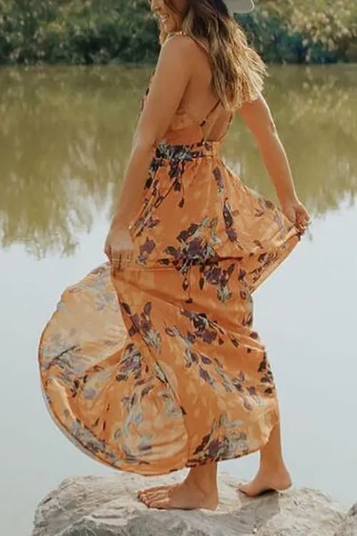 V Neck Backless Slip Maxi Dress