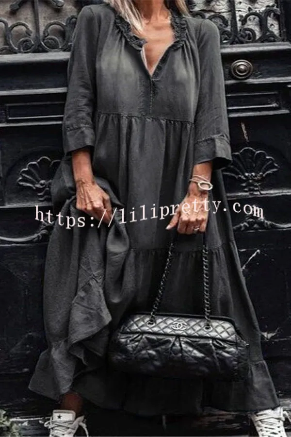 V Neck Long Sleeve Hem Denim Maxi Dress