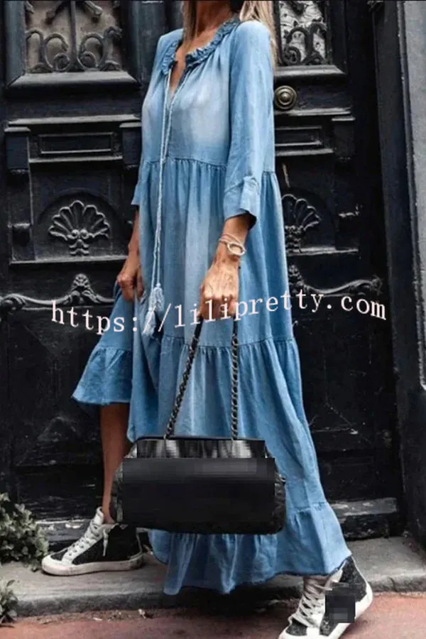 V Neck Long Sleeve Hem Denim Maxi Dress