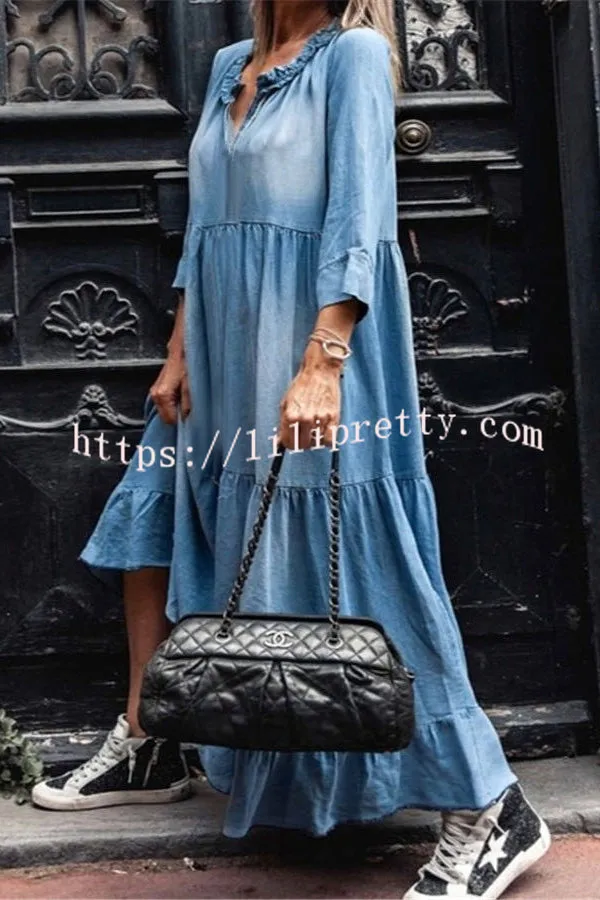 V Neck Long Sleeve Hem Denim Maxi Dress