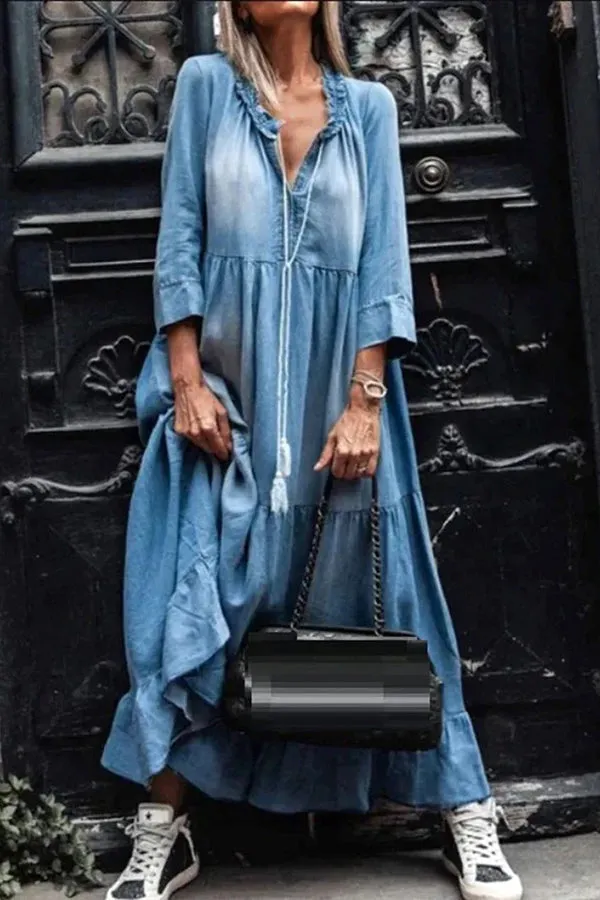 V Neck Long Sleeve Hem Denim Maxi Dress