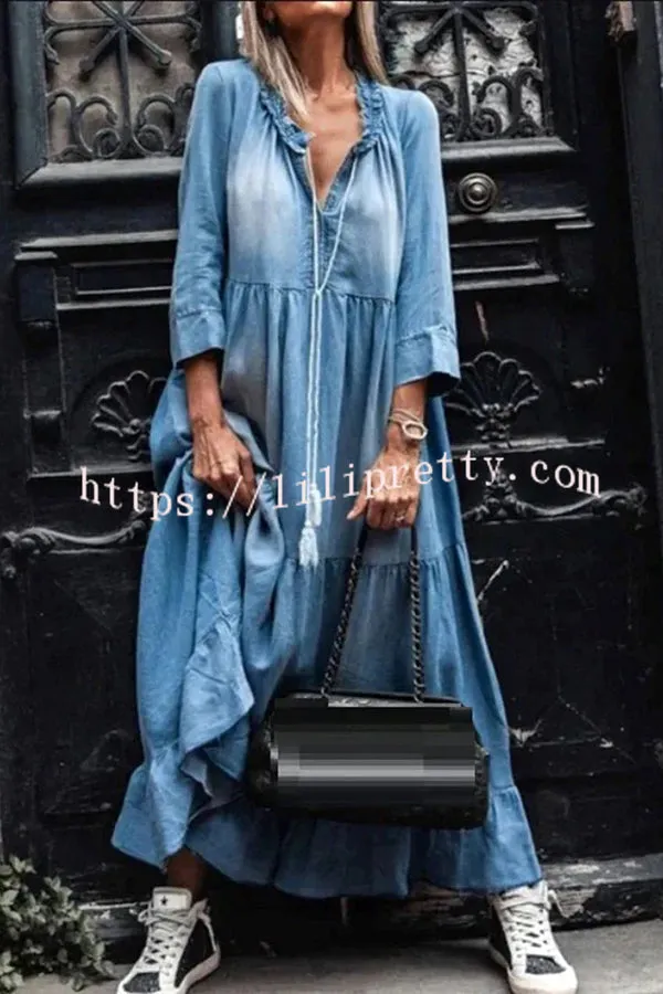 V Neck Long Sleeve Hem Denim Maxi Dress