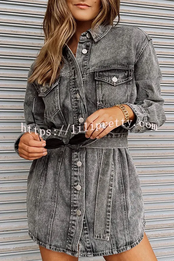 Vintage Belted Single Breasted Pocket Denim Mini Dress