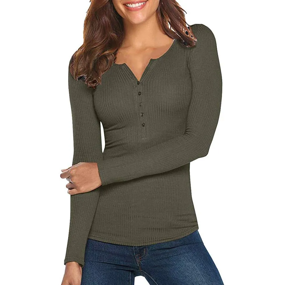 Women's Long Sleeve V Neck Ribbed Button Down Knit Sweater Fitted Top