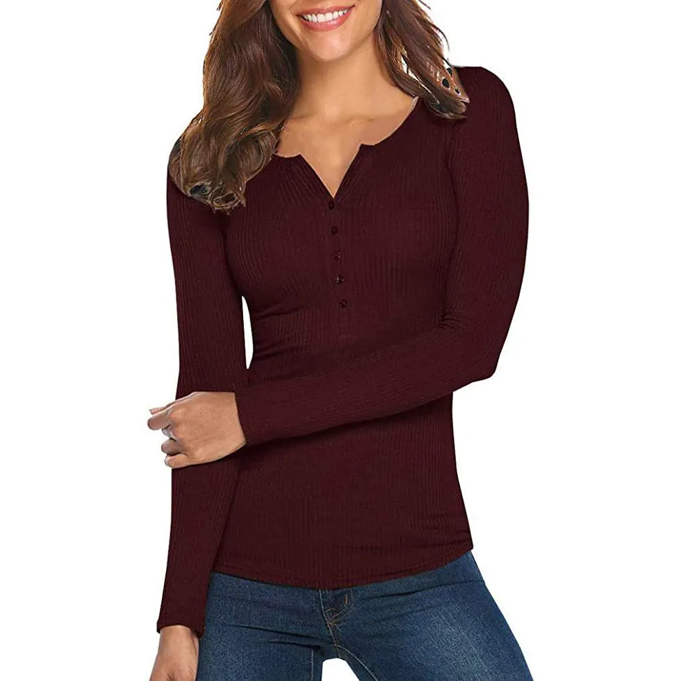 Women's Long Sleeve V Neck Ribbed Button Down Knit Sweater Fitted Top