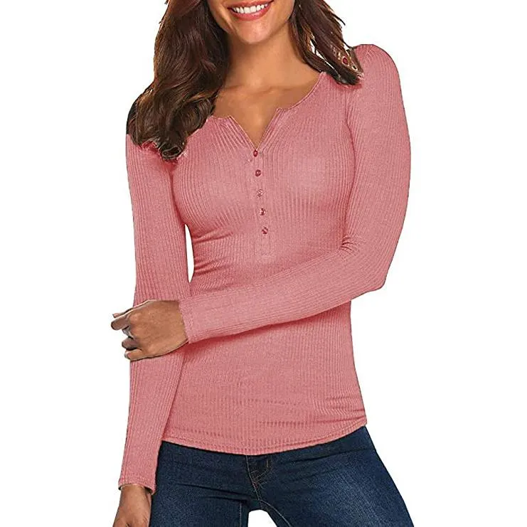 Women's Long Sleeve V Neck Ribbed Button Down Knit Sweater Fitted Top