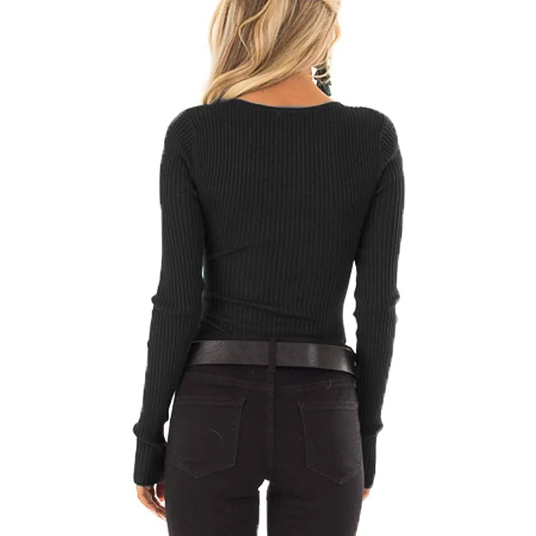 Women's Long Sleeve V Neck Ribbed Button Down Knit Sweater Fitted Top