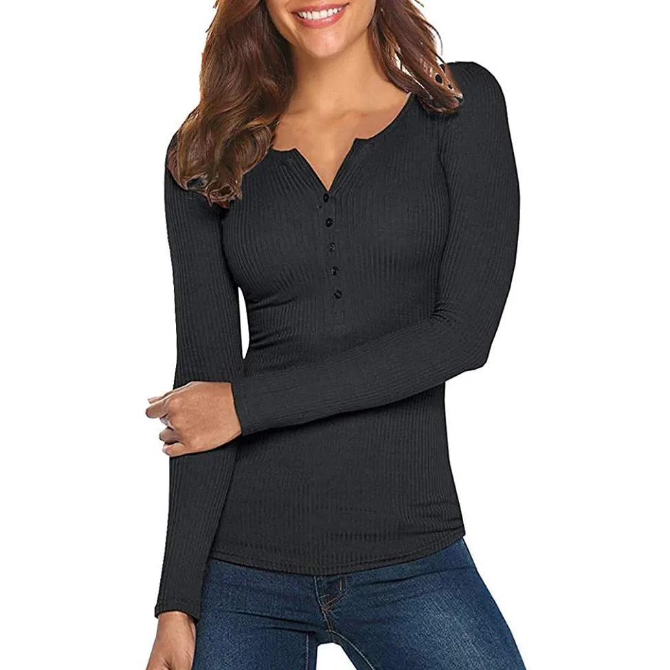 Women's Long Sleeve V Neck Ribbed Button Down Knit Sweater Fitted Top