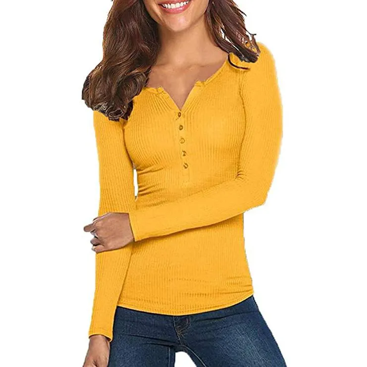 Women's Long Sleeve V Neck Ribbed Button Down Knit Sweater Fitted Top