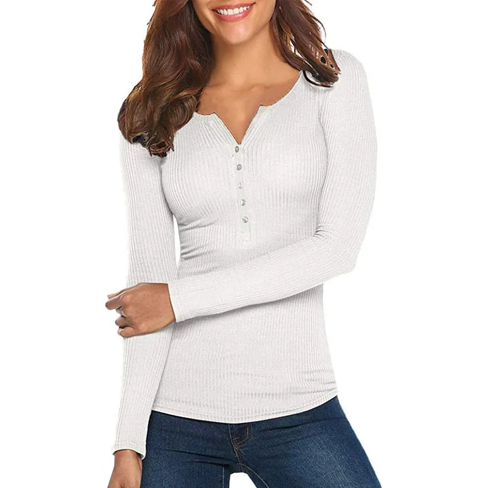 Women's Long Sleeve V Neck Ribbed Button Down Knit Sweater Fitted Top