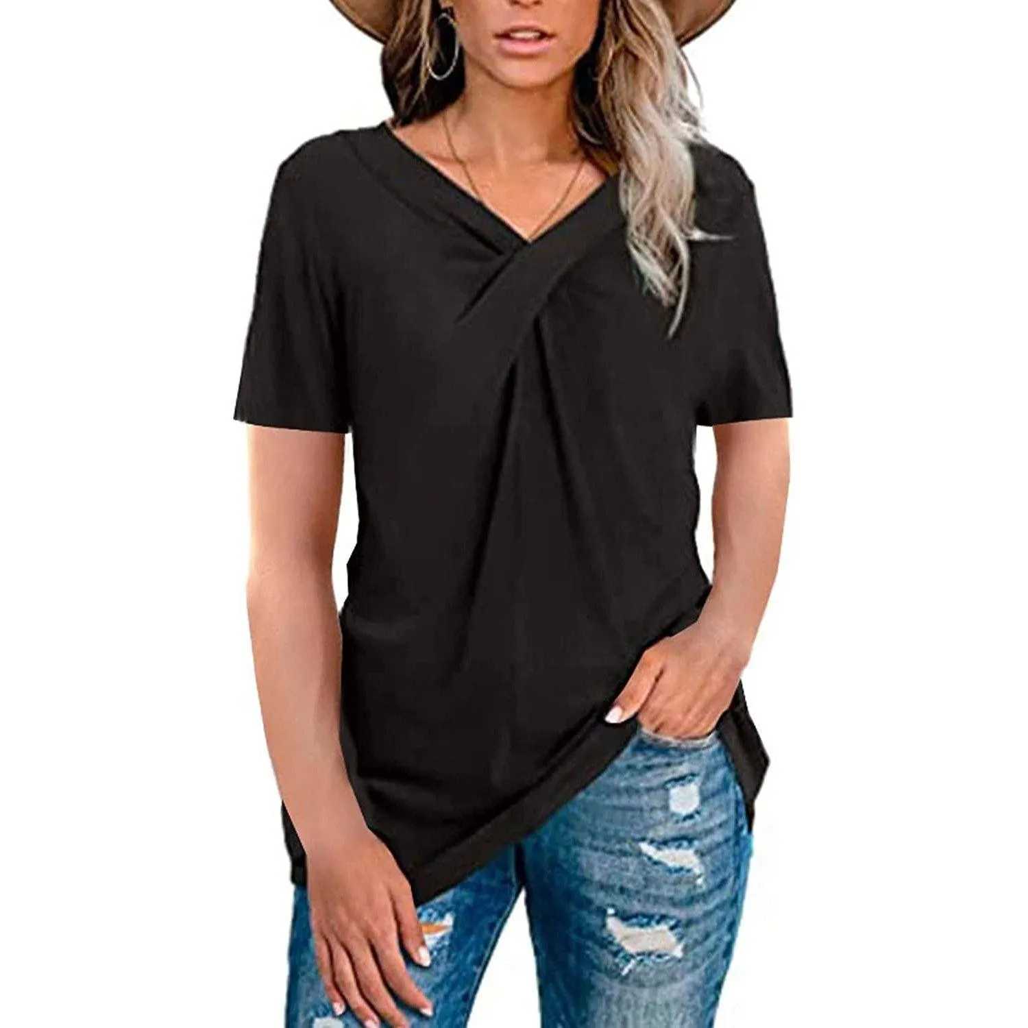 Women's Summer Shirts V Neck Short Sleeve Tops Cross Knot