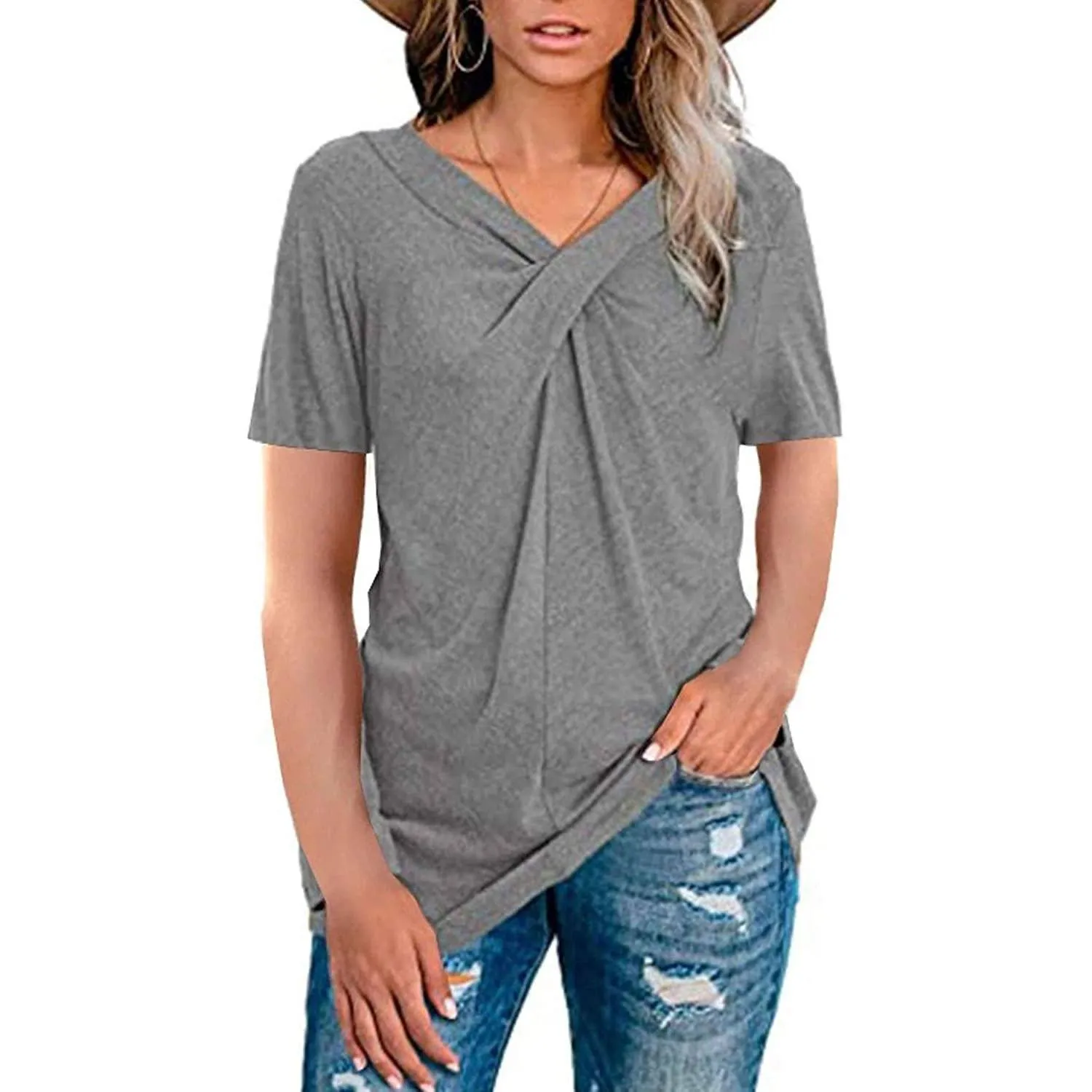 Women's Summer Shirts V Neck Short Sleeve Tops Cross Knot