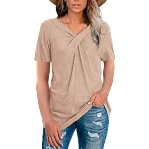 Women's Summer Shirts V Neck Short Sleeve Tops Cross Knot