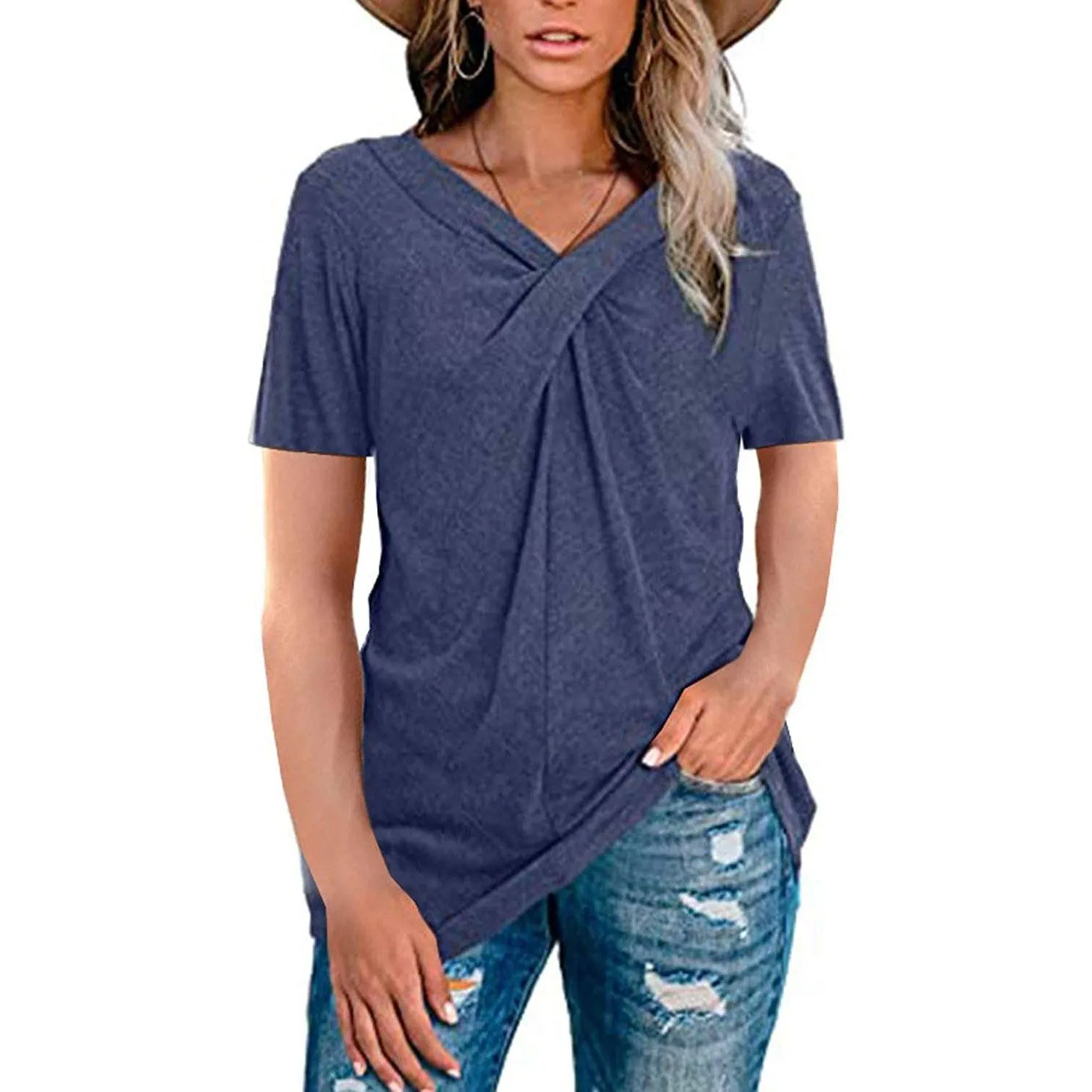 Women's Summer Shirts V Neck Short Sleeve Tops Cross Knot