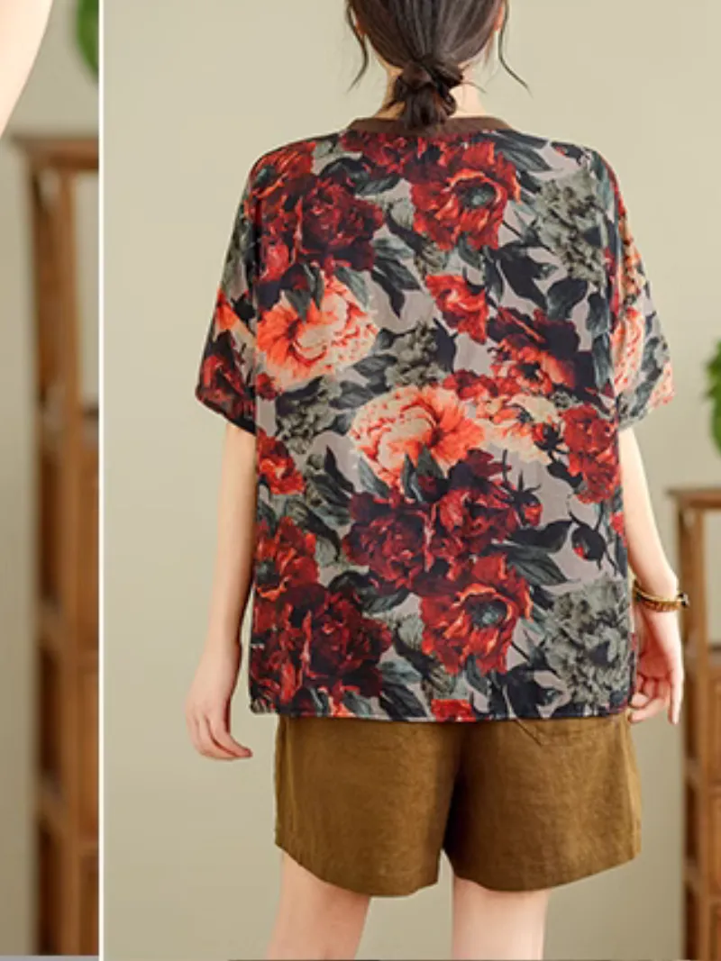 Women's Summer Unique Style Relaxed Loose Floral Flower Tops